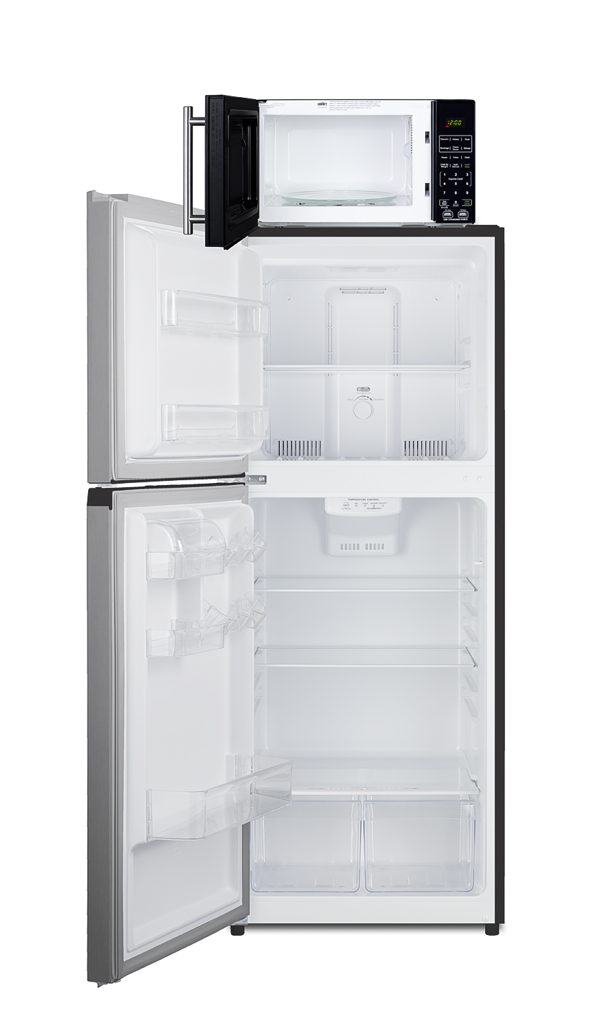 Frost-free 10.1 cu.ft. refrigerator-freezer and compact microwave in black with allocator and USB ports for 1-plug operation; ships in three boxes on one pallet